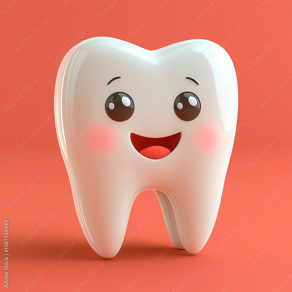 Happy cartoon tooth character with smile against a bright background, dentist clinic advertisement with copy space, children teeth advertising Happy cartoon tooth character with smile against a bright background, dentist clinic advertisement with copy space, children teeth advertising