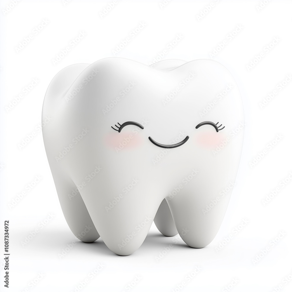 Cute smiling cartoon tooth character with shadow on a white background, dentist clinic advertisement with copy space, children teeth advertising Cute smiling cartoon tooth character with shadow on a white background, dentist clinic advertisement with copy space, children teeth advertising