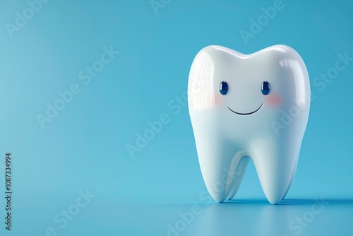 Happy cartoon tooth with a smile on a blue background, dentist clinic advertisement with copy space, children teeth advertising photo