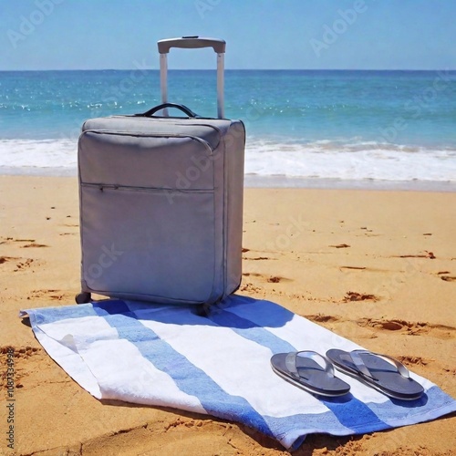 Luggage bag beside beach towel and flip-flops on the sand, with clear blue ocean stretching out in the background