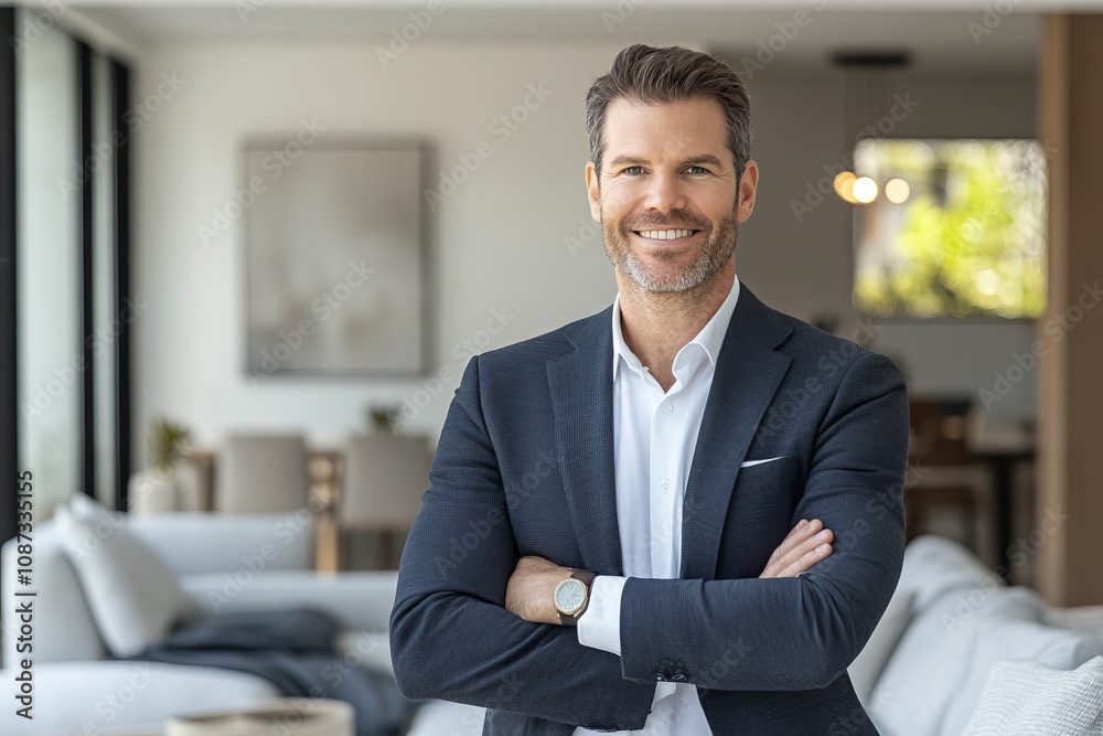 Confident Businessman in Modern Home - A Portrait of Success and Confidence Confident Businessman in Modern Home - A Portrait of Success and Confidence