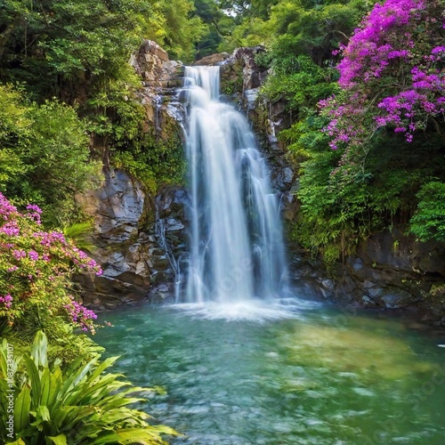 A serene tropical waterfall cascading into a clear pool, surrounded by flowers 