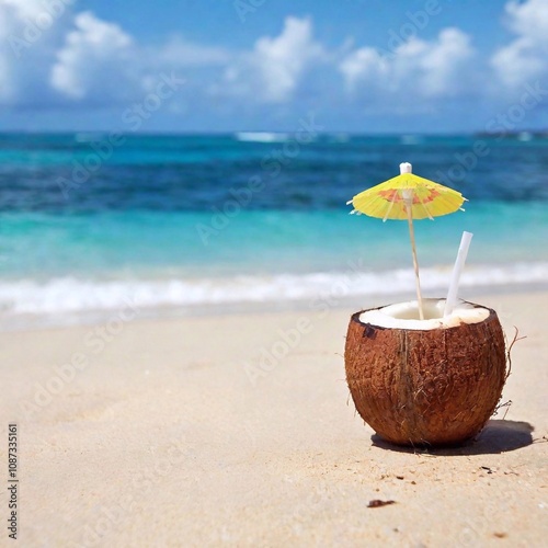 Wallpaper Mural A tropical drink in a coconut on a sandy beach with the ocean in the background  Torontodigital.ca