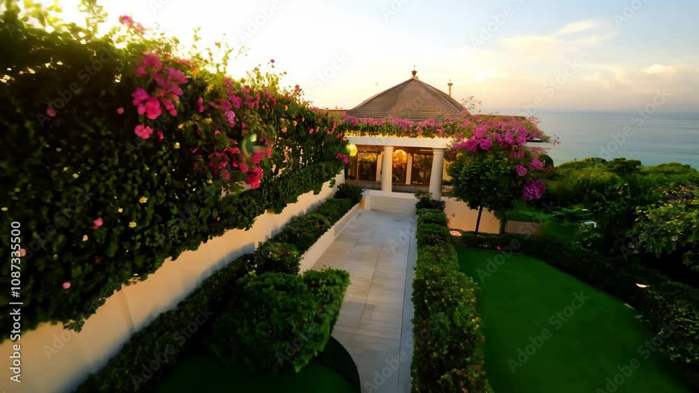 A charming garden villa covered in greenery and flowering plants, with a view of the ocean under a bright, clear sky at sunrise. 4k Video footage A charming garden villa covered in greenery and flowering plants, with a view of the ocean under a bright, clear sky at sunrise. 4k Video footage