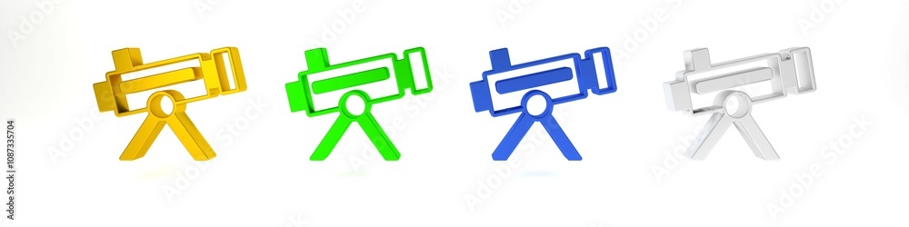 Colorful Telescope icon isolated on white background. Scientific tool. Education and astronomy element, spyglass and study stars. Minimalism concept. 3D render illustration Colorful Telescope icon isolated on white background. Scientific tool. Education and astronomy element, spyglass and study stars. Minimalism concept. 3D render illustration