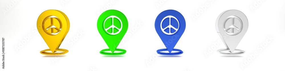 Colorful Location peace icon isolated on white background. Hippie symbol of peace. Minimalism concept. 3D render illustration