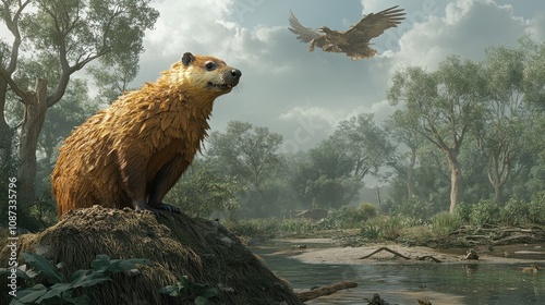 Majestic Riverbank Scene Featuring a Beaver with Lush Greenery and a Soaring Eagle in the Background Under a Dramatic Cloudy Sky photo