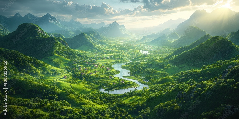 Obraz premium Serene valley landscape with winding river, lush green hills, and mountains under a cloudy sky.
