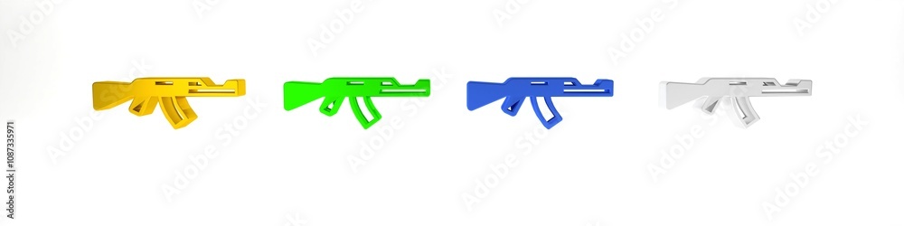 Colorful Submachine gun icon isolated on white background. Kalashnikov or AK47. Minimalism concept. 3D render illustration Colorful Submachine gun icon isolated on white background. Kalashnikov or AK47. Minimalism concept. 3D render illustration