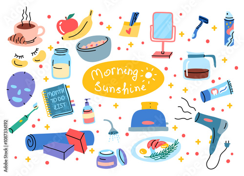 Cartoon Color Morning Routine Elements Icons Set Concept Flat Design Style Include of Toothpaste, Toothbrush and Fitness Stuff. Vector illustration