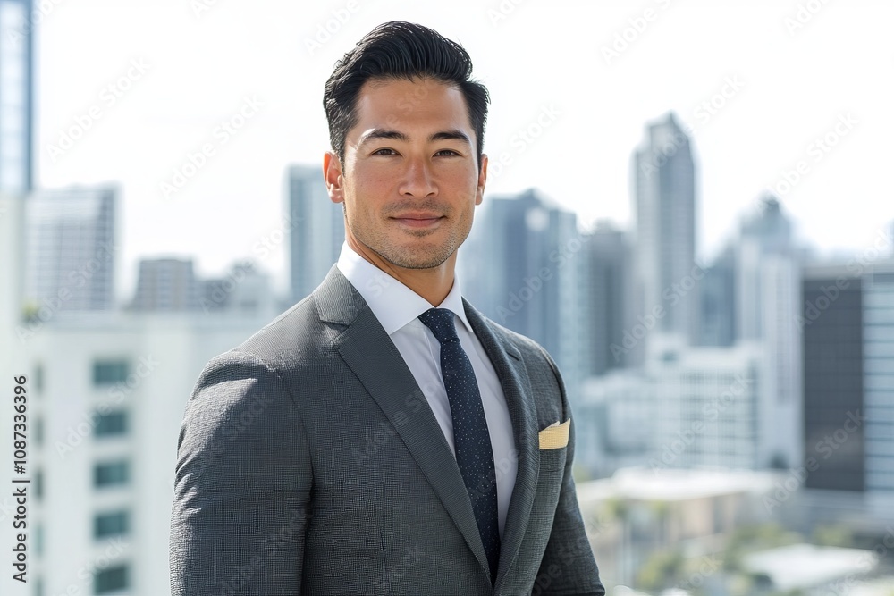 A Confident Business Professional in a Stylish Suit Against a Cityscape Background A Confident Business Professional in a Stylish Suit Against a Cityscape Background