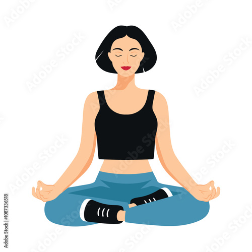 Woman in casual clothes sitting in lotus pose. Meditating girl isolated on white background. Girl doing yoga. Vector illustration