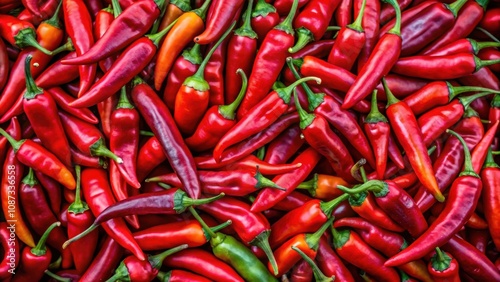 A vibrant collection of fresh red chili peppers, arranged in a chaotic yet visually appealing pattern, showcasing their distinct shapes and textures.