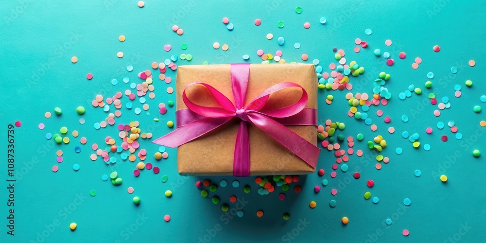 A festive gift box wrapped in brown paper and tied with a vibrant pink bow sits on a turquoise background, surrounded by a colorful scattering of confetti. A festive gift box wrapped in brown paper and tied with a vibrant pink bow sits on a turquoise background, surrounded by a colorful scattering of confetti.