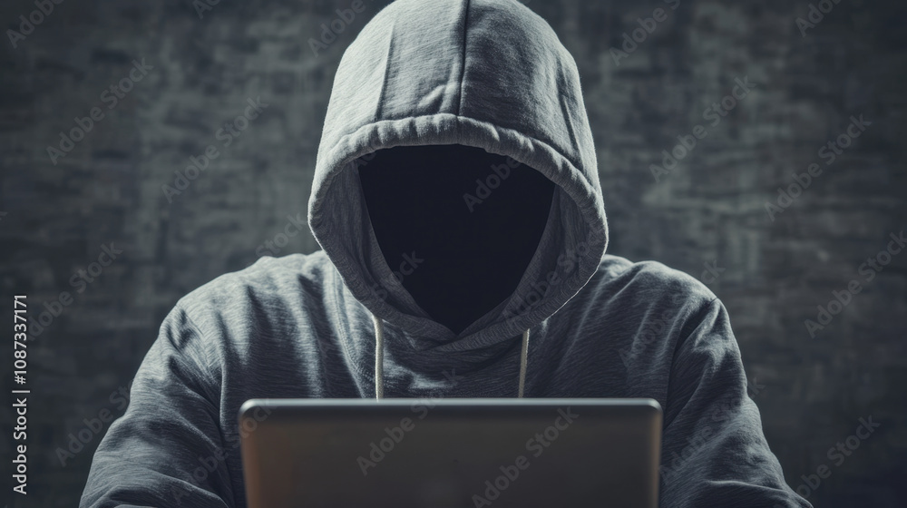 Victim of Cybercrime. A mysterious figure in a hoodie sits in front of a laptop, embodying themes of anonymity and cybersecurity. Victim of Cybercrime. A mysterious figure in a hoodie sits in front of a laptop, embodying themes of anonymity and cybersecurity.
