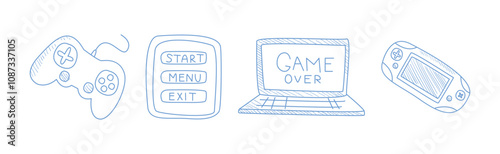 Computer Game Playing Hand Drawn Object and Item Vector Set