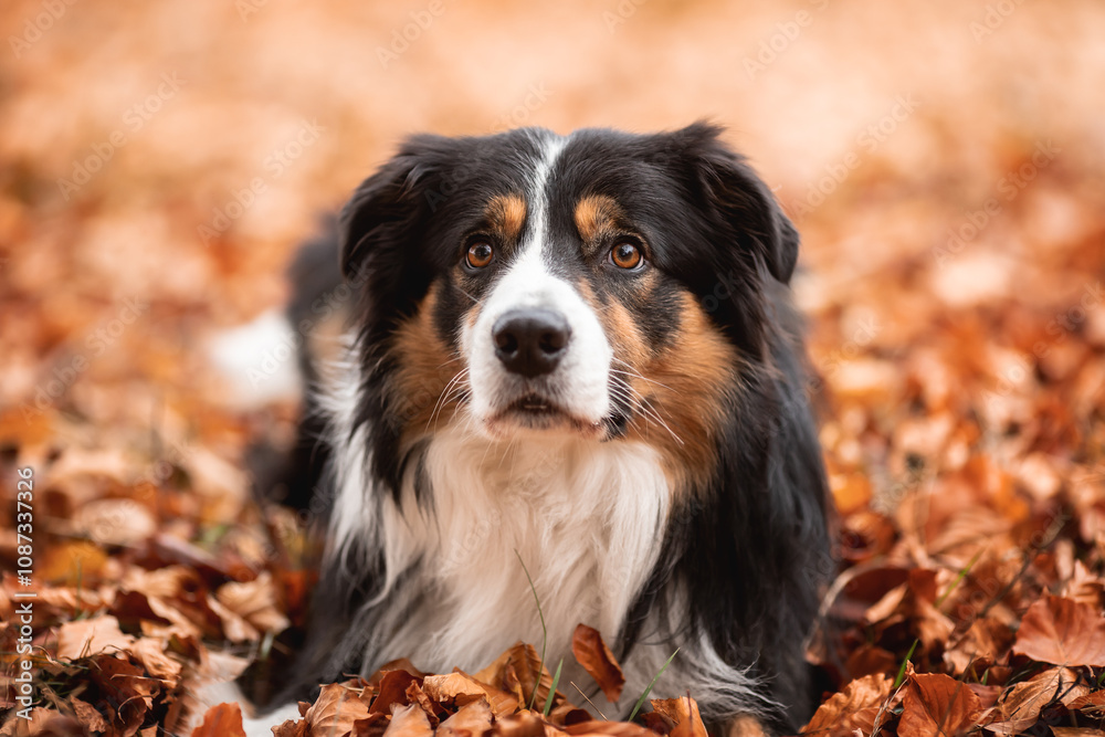 Berner Sennenhund im Herbstlaub. Berner Sennenhund im Herbstlaub.
