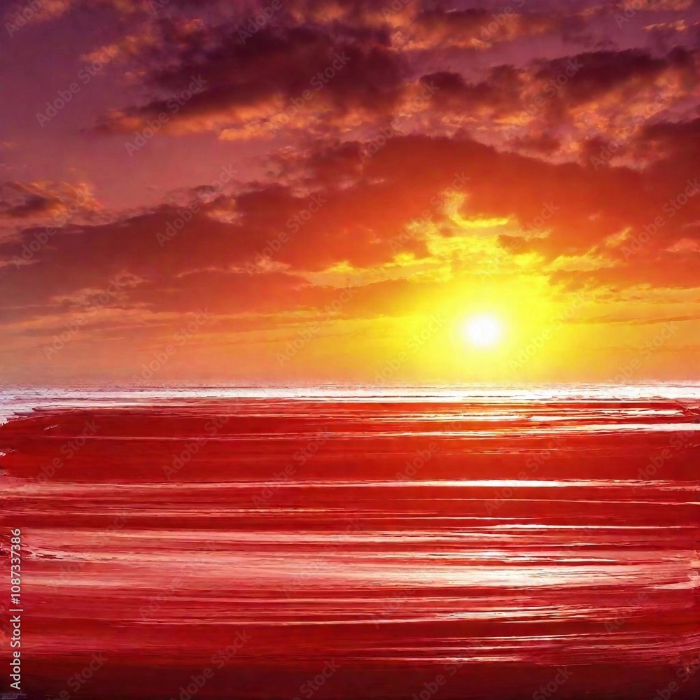 Obraz premium Extreme macro flatlay painting of a postcard background featuring a vibrant red sunrise, with brushstrokes emphasizing the warmth and energy of the rising sun. The focus pull highlights the texture of