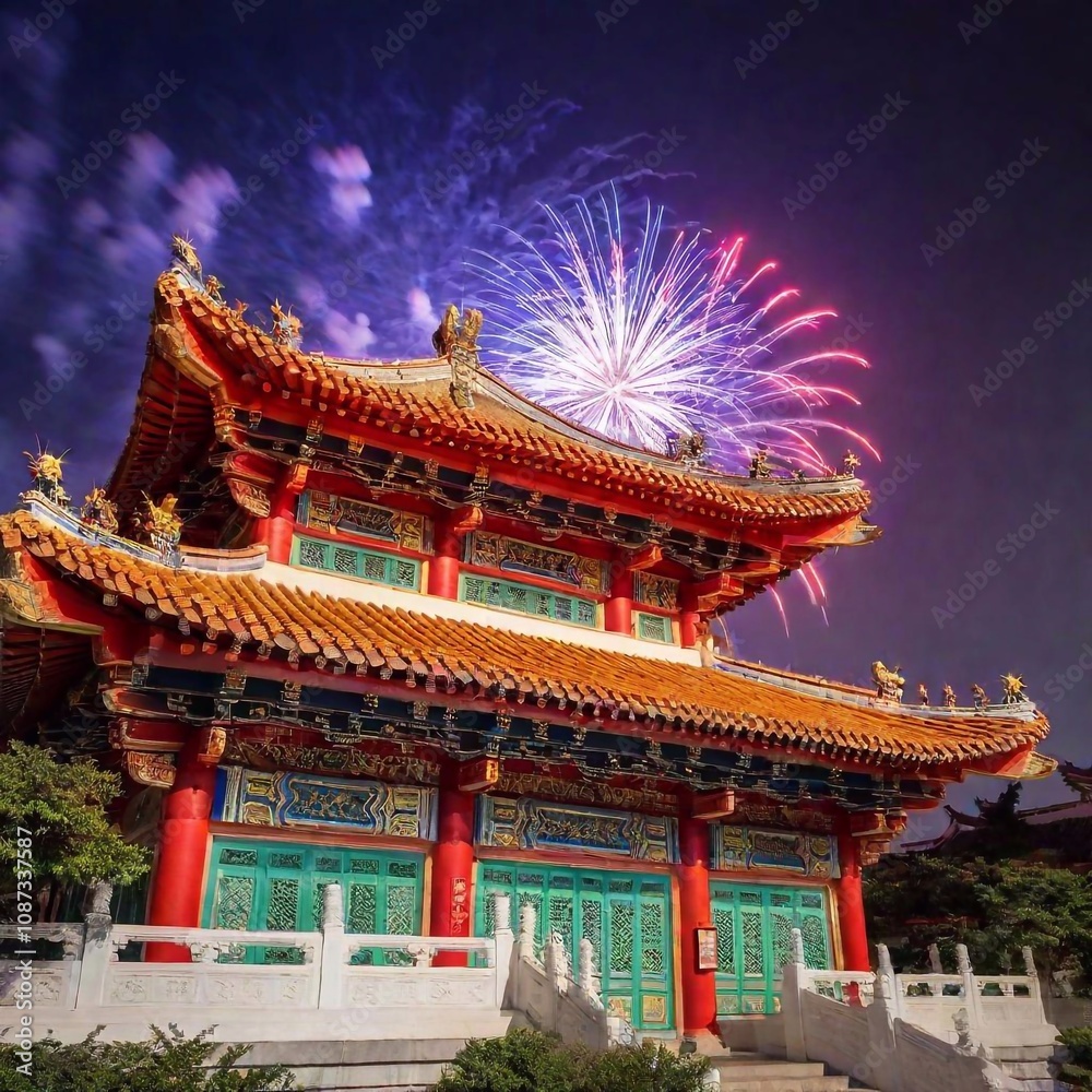 Eye level shot of a serene Chinese pagoda, framed in a long shot with fireworks illuminating the sky above, shallow focus emphasizing the pagoda's ornate rooftop while the vibrant fireworks add a soft Eye level shot of a serene Chinese pagoda, framed in a long shot with fireworks illuminating the sky above, shallow focus emphasizing the pagoda's ornate rooftop while the vibrant fireworks add a soft