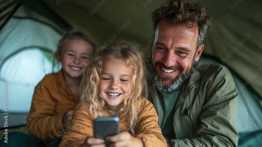 A joyful family of a father and two daughters is inside a camping tent, smiling as they use a smartphone, depicting connectivity and family bonding outdoors. A joyful family of a father and two daughters is inside a camping tent, smiling as they use a smartphone, depicting connectivity and family bonding outdoors.
