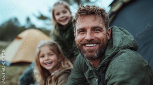 A joyful father beams with his two daughters in front of a tent in a beautiful forest setting, highlighting the fun and bonding of a family camping adventure.