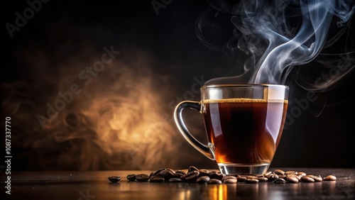 A steaming cup of coffee on a dark background with coffee beans scattered in front and a hazy, atmospheric backdrop.