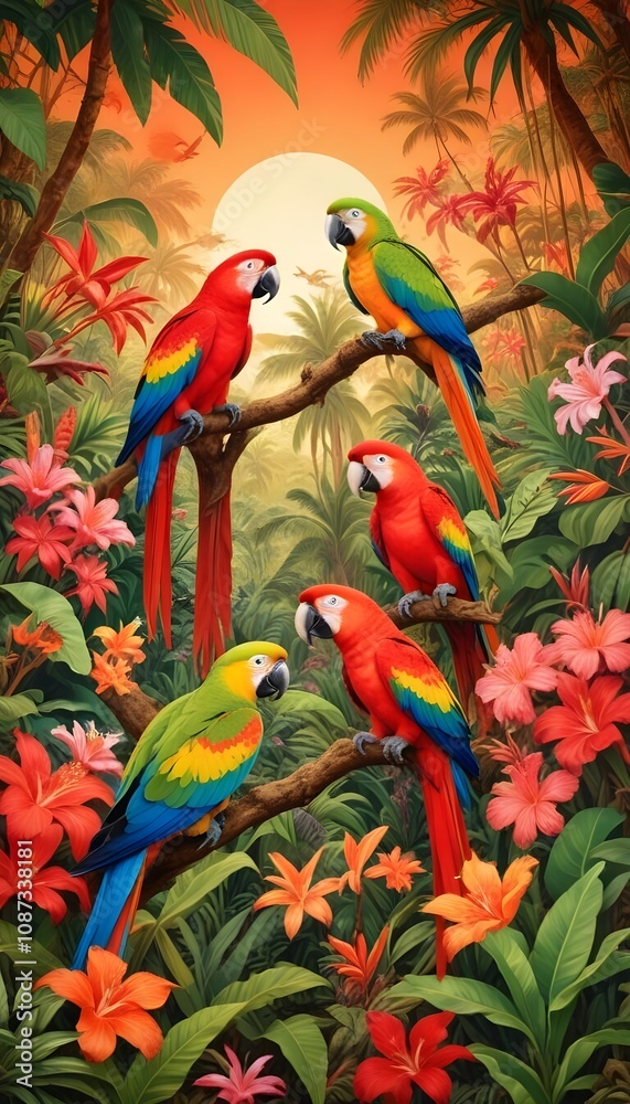 Tropical exotic pattern with animal and flowers in bright colors and lush vegetation