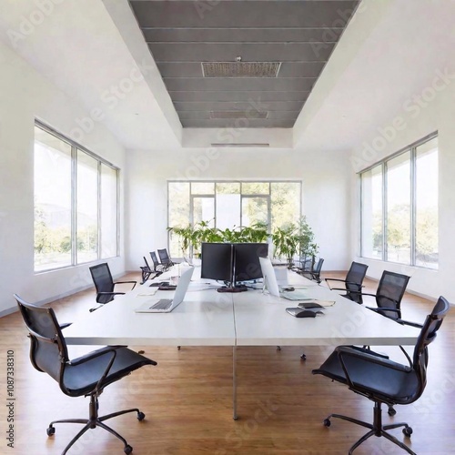 modern office interior with white and green chairs