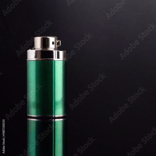 a close-up photograph of a green plastic lighter on a black background, focusing on the surface details and reflections to showcase the contrast between its glossy finish and the matte backdrop photo