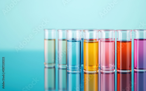 Colorful liquid in glass test tubes against a vibrant blue background. Perfect for scientific, educational, or laboratory themes.