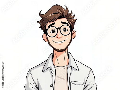 cartoon man with glasses and a white shirt smiling.