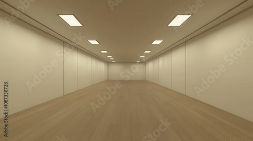 A minimalistic, empty room featuring plain walls, wooden flooring, and bright ceiling lights, creating an open and spacious atmosphere.