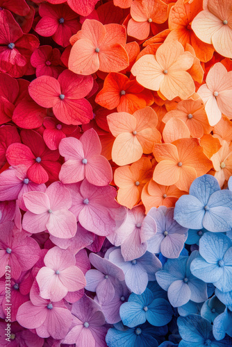 Vibrant hydrangea flowers in gradients of pink, orange, and blue showcasing nature's beauty. Perfect for floral designs and backgrounds. photo