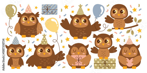 Cute owls and owlets bird characters celebrating birthday party event feeling fun and happy