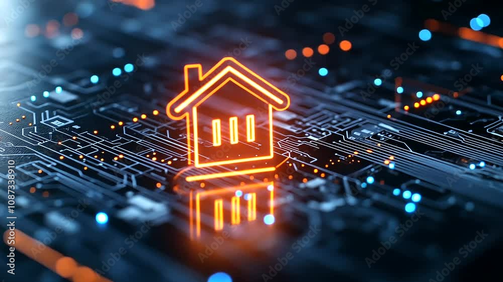 The neon orange smart home icon is positioned in the center of a deep, glittering void, with sparkles scattered around it like stars, symbolizing the interconnected nature of smart The neon orange smart home icon is positioned in the center of a deep, glittering void, with sparkles scattered around it like stars, symbolizing the interconnected nature of smart