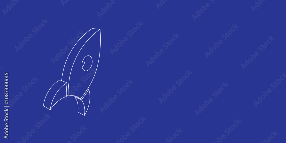 The outline of a large rocket symbol made of white lines on the left. 3D view of the object in perspective. Vector illustration on indigo background The outline of a large rocket symbol made of white lines on the left. 3D view of the object in perspective. Vector illustration on indigo background
