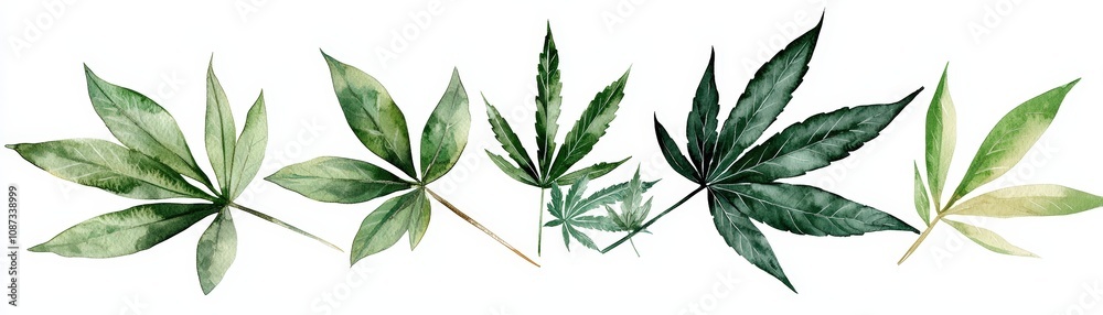 A collection of beautifully illustrated green leaves showcasing diverse shapes and textures, perfect for nature-themed designs. A collection of beautifully illustrated green leaves showcasing diverse shapes and textures, perfect for nature-themed designs.