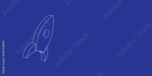 The outline of a large rocket symbol made of white lines on the left. 3D view of the object in perspective. Vector illustration on indigo background