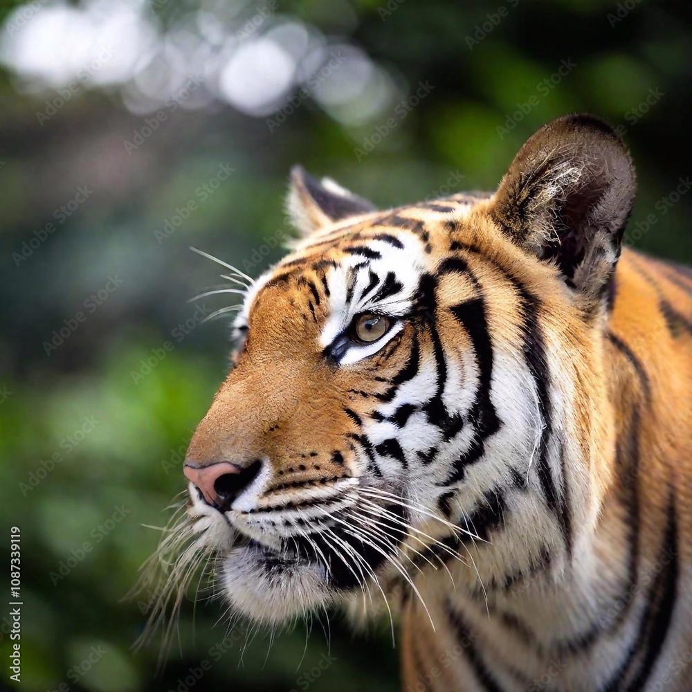 Fototapeta premium close-up of a tiger ear twitching, with sharp focus on the fur of the ear, while the surrounding jungle scene and its body dissolve into a soft blur, highlighting the detail of its fur.