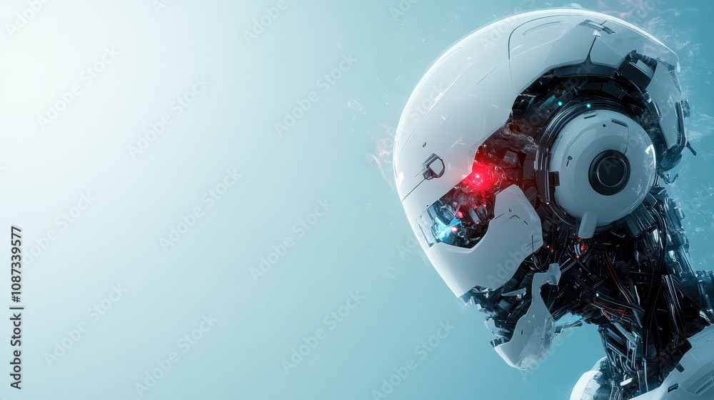 A white robotic face with a glowing blue eye, set in a futuristic scene, symbolizing advanced technology and the intersection of humanity and machine. A white robotic face with a glowing blue eye, set in a futuristic scene, symbolizing advanced technology and the intersection of humanity and machine.