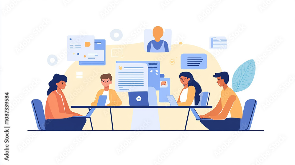 The team is using laptops to edit critical documents during an online meeting. The team is using laptops to edit critical documents during an online meeting.