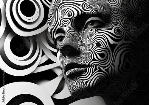 Close-up of a monochrome digital artwork depicting a face covered in intricate, hypnotic swirl patterns photo