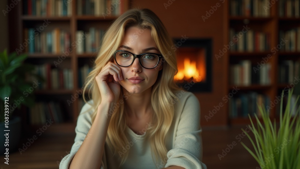 A blonde woman wearing glasses sitting with her hand on her chin, appearing thoughtful in a cozy library A blonde woman wearing glasses sitting with her hand on her chin, appearing thoughtful in a cozy library