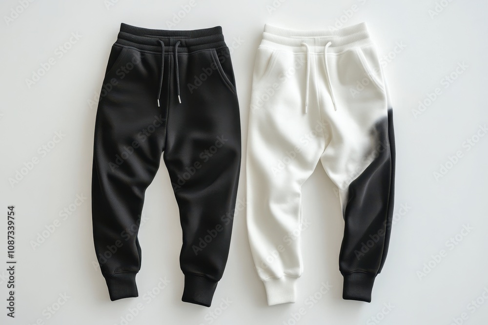 Black and white sweatpants with elastic cuffs and drawstring waists on a white background Black and white sweatpants with elastic cuffs and drawstring waists on a white background