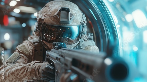 A soldier in full gear aims a weapon with a reflective visor, highlighting the interplay of light and shadow, in a scene filled with tension and anticipation. photo