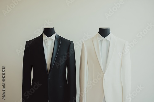 Black and white tuxedos showcased side by side on a white background photo