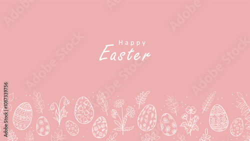 Minimalist Easter horizontal banner with painted eggs and flowers, white outlines on pink background. Hand drawn line floral bottom frame, Happy Easter text. Vector HD template of minimal design.