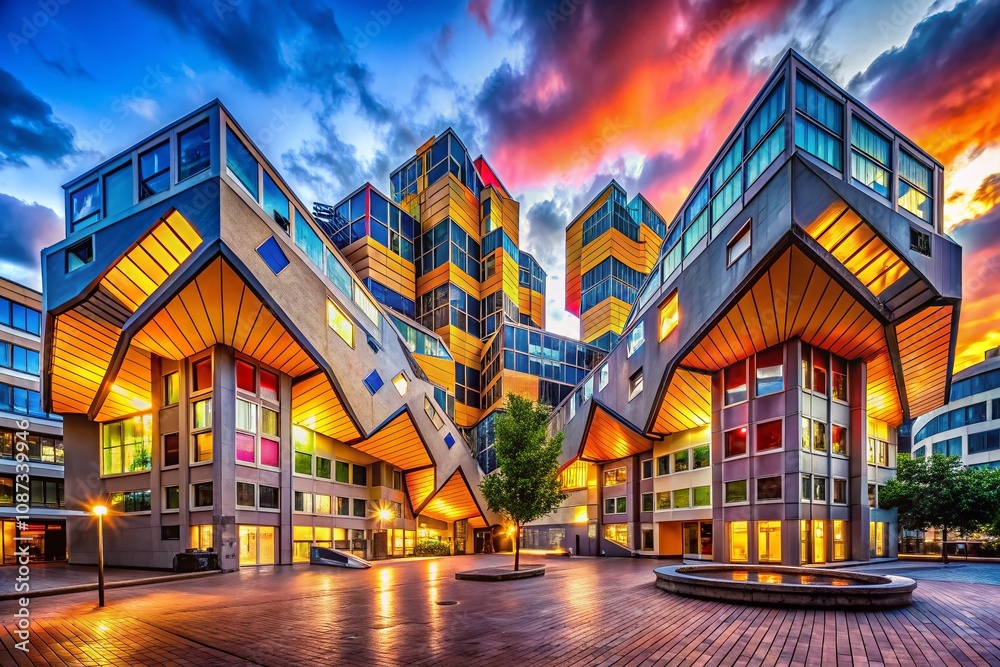 Fototapeta premium Stunning Architectural Photography of a Unique Building Featuring Dicker Mops and Maband Design Elements, Showcasing Innovative Structures and Modern Aesthetics in Urban Environments