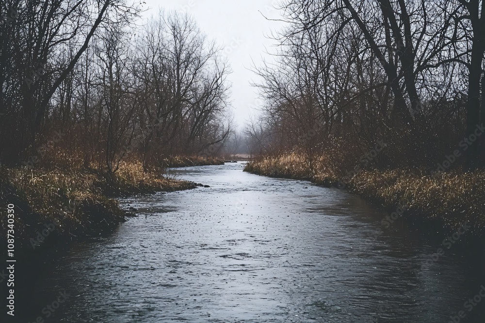 Serene River Flowing Through Winter Landscape Serene River Flowing Through Winter Landscape