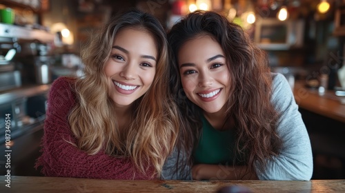 Two women sit closely in a warm and inviting cafe, both wearing welcoming smiles, perfectly showcasing an atmosphere of friendship, joy, and togetherness.